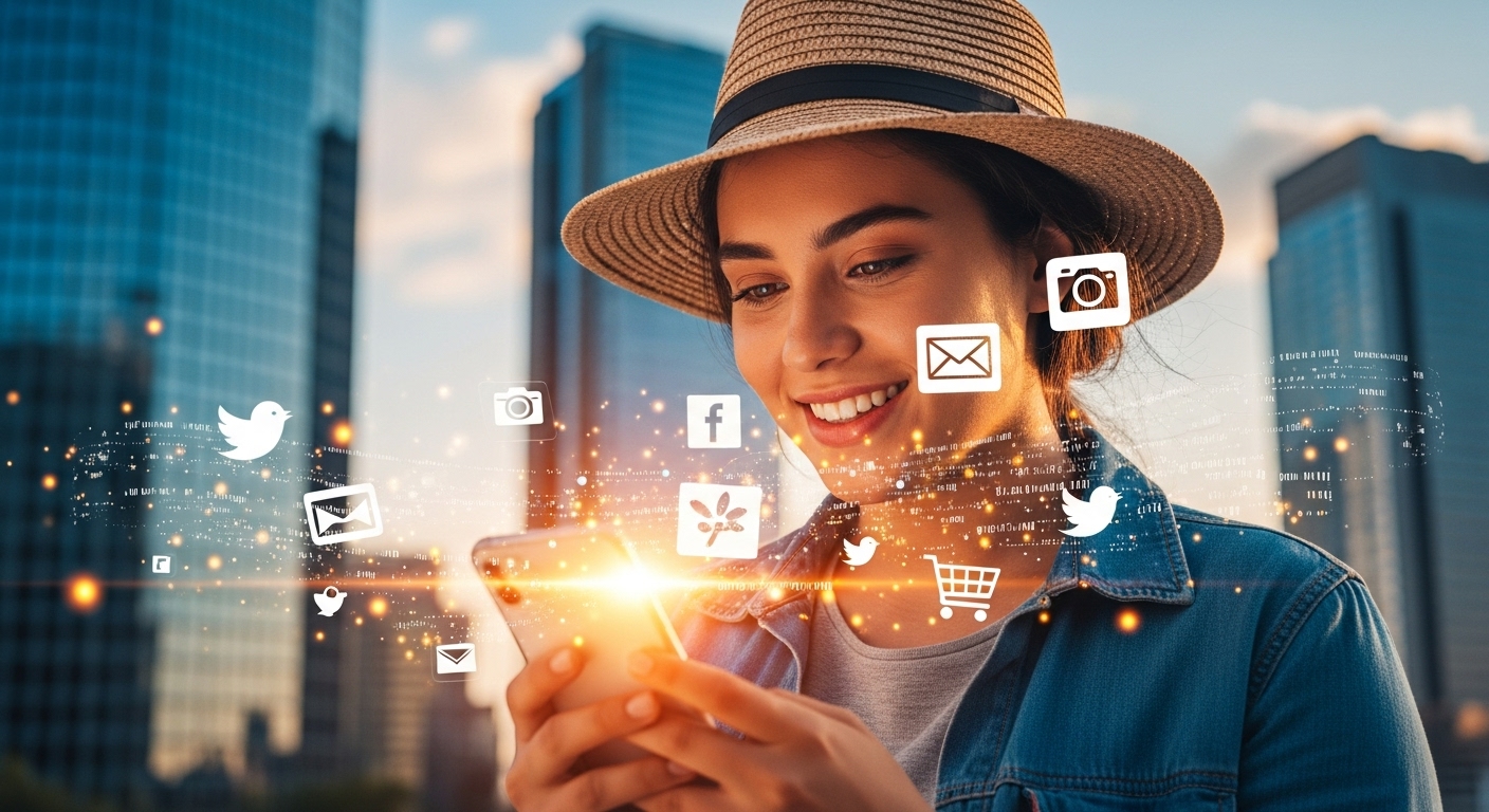 A vibrant, photorealistic image of a young person smiling happily while looking at a smartphone screen, surrounded by subtle glowing digital data streams and icons (social media, email, shopping cart) floating in the air. The background is a bright, modern cityscape at sunset.