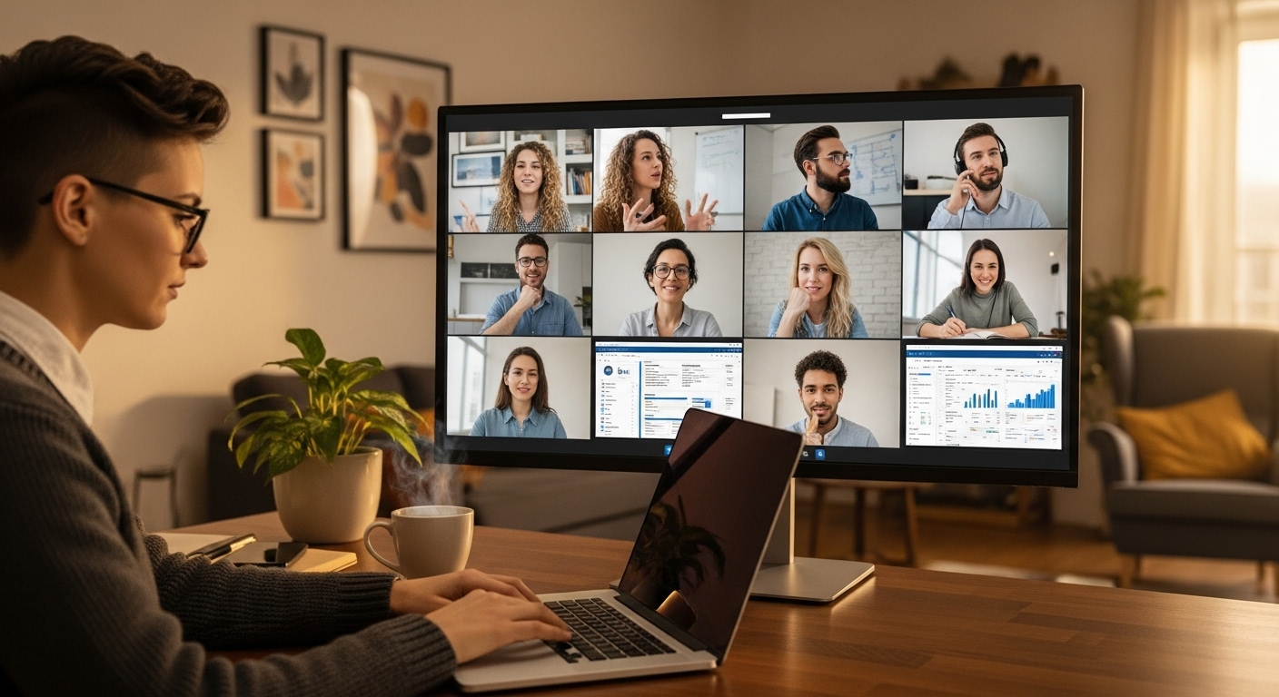 A diverse group of young professionals collaborating virtually on a project, each visible in a separate video call window on a large screen. One person is shown typing on a laptop with a cup of coffee. The setting is a cozy, modern home office. The image should convey a sense of productive remote work.