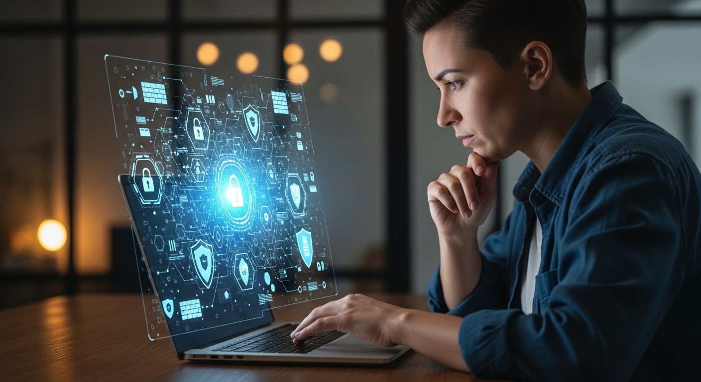 A person sitting calmly at a desk, looking at a laptop screen with a serious yet thoughtful expression. On the screen, there are abstract visual representations of cybersecurity concepts like lock icons, firewalls, and data protection shields. The overall atmosphere is focused and secure, with soft ambient lighting.