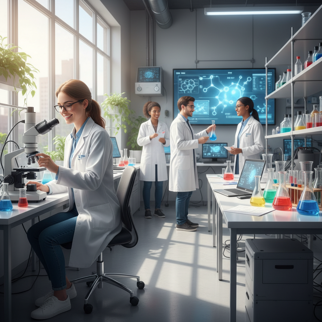 Sebuah laboratorium modern dengan ilmuwan muda tersenyum bekerja di depan mikroskop dan tabung reaksi berwarna-warni, suasana cerah dan inovatif, pencahayaan alami, fotorealistik.