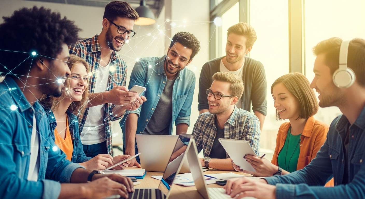 A diverse group of young, happy people from different backgrounds, casually interacting with each other through various digital devices like smartphones, laptops, and tablets, with a subtle futuristic, interconnected digital network overlay in the background. The atmosphere is bright and energetic, reflecting the positive aspects of online connection.