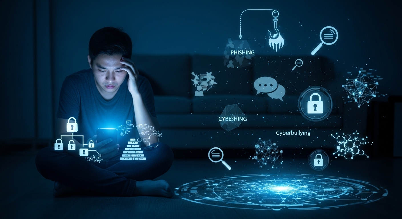 A person sitting alone in a dimly lit room, illuminated only by the blue light of a smartphone in their hand, looking overwhelmed or sad. Scattered around them are generic digital symbols representing data and privacy concerns, with a subtle, abstract representation of online risks like phishing or cyberbullying. The mood is contemplative and a bit somber.