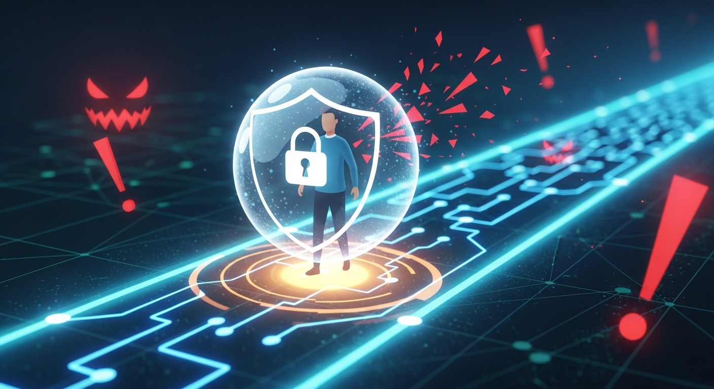 A stylized illustration of a person safely navigating a digital landscape, represented by glowing lines and nodes. They are protected by a transparent shield or a lock icon, and their path is clear of menacing, abstract cyber threats like red exclamation marks or broken links. The color palette is bright and reassuring, emphasizing safety and control.