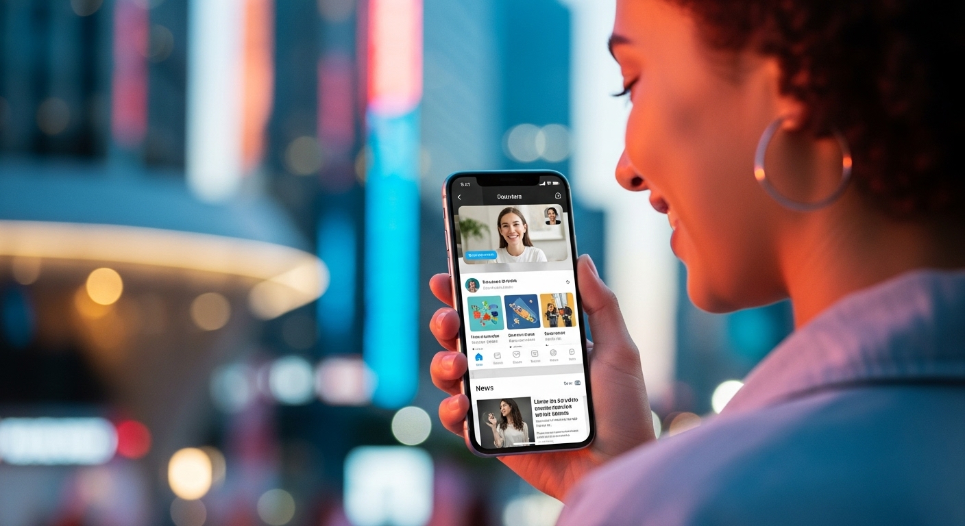 A smiling young person holding a sleek smartphone, simultaneously video calling a friend, checking social media on the screen, and browsing a news article, all depicted with a vibrant, modern background.