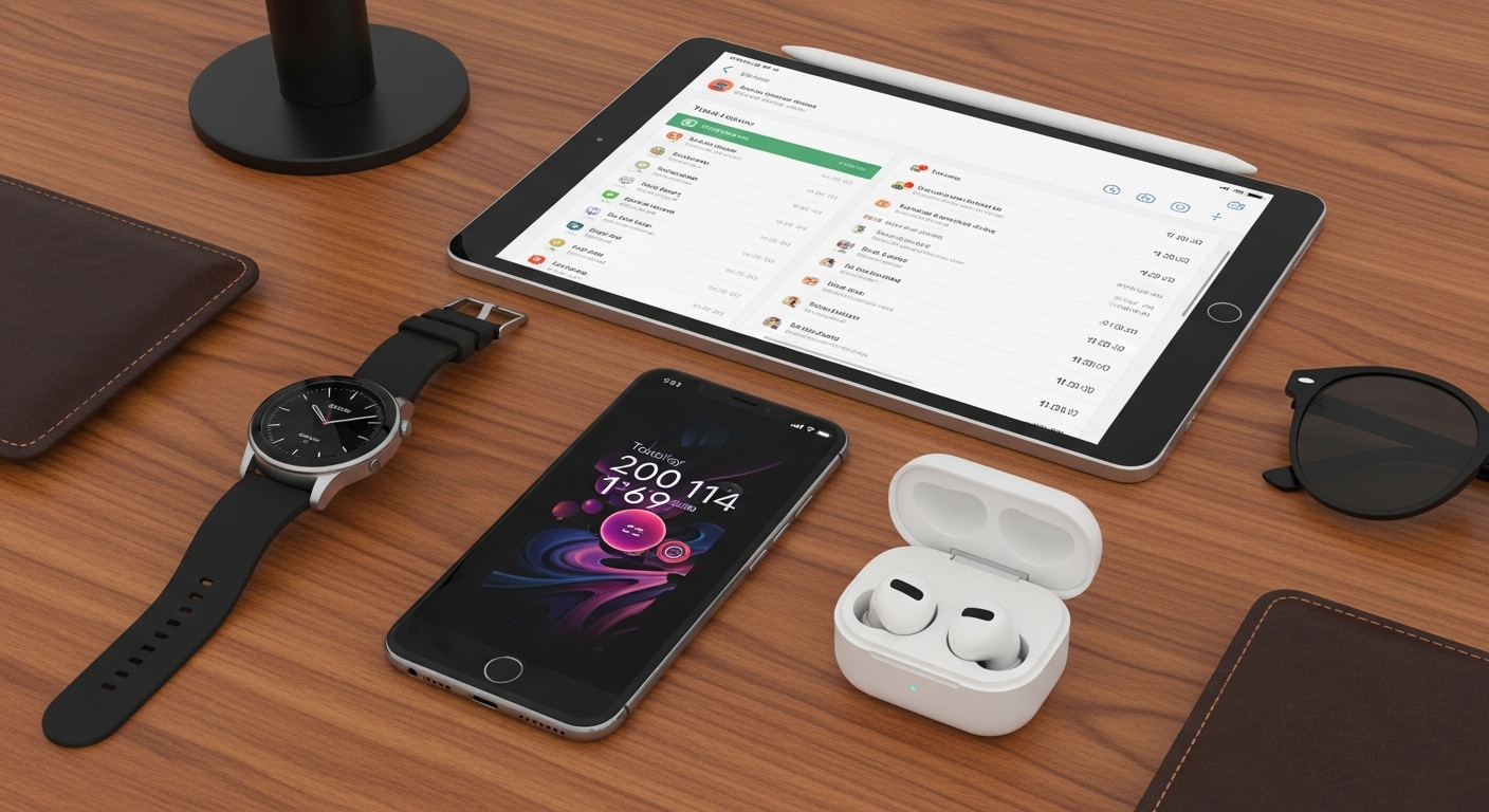 A flat lay shot on a stylish wooden desk showcasing a collection of modern smart gadgets: a sleek smartphone, a stylish smartwatch, a slim tablet displaying a productivity app, and wireless earbuds, all neatly arranged.