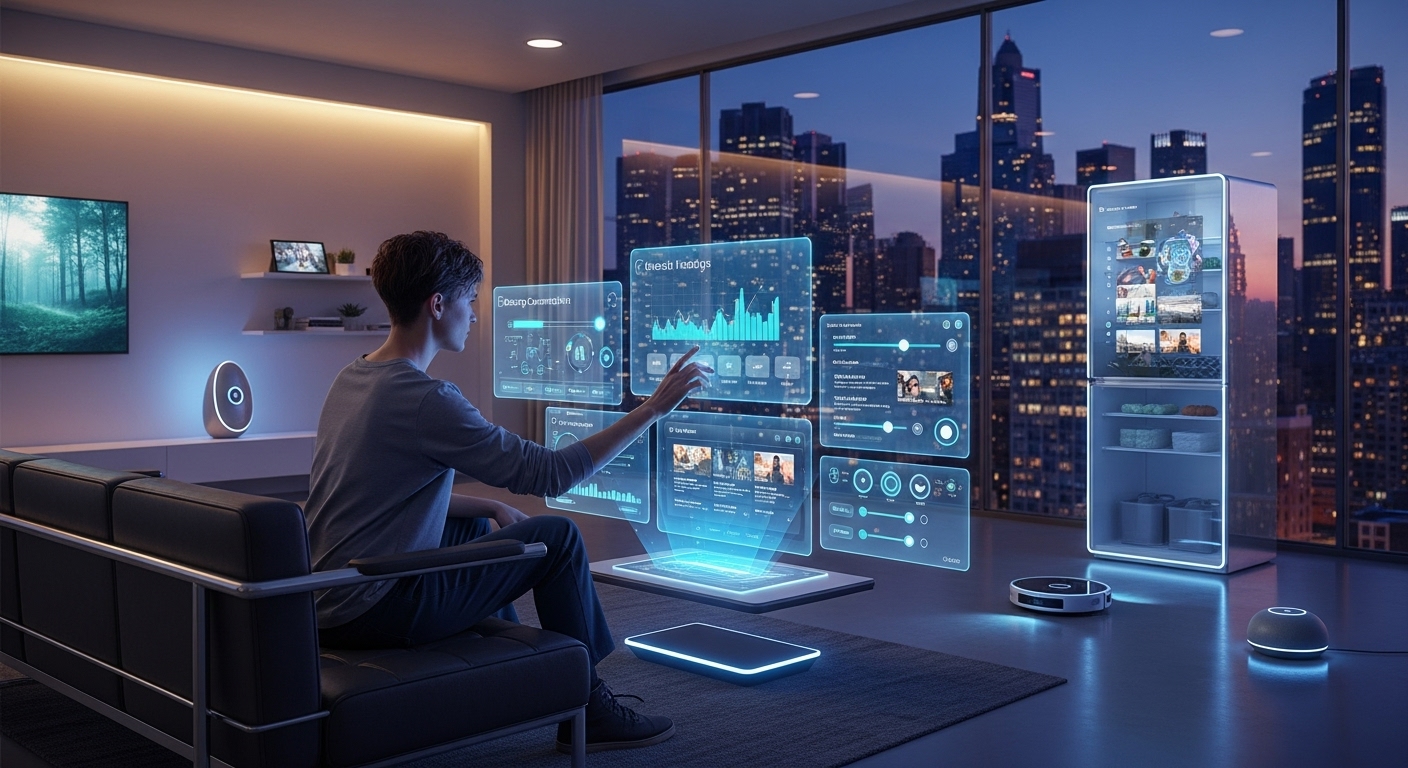 A futuristic scene showing a person effortlessly interacting with holographic interfaces projected from a transparent smart device, controlling various smart home appliances and accessing information in a seamlessly integrated, high-tech living room.