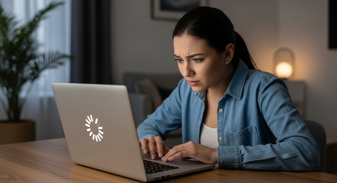 Seorang wanita muda sedang duduk di depan laptopnya dengan ekspresi frustrasi, menatap layar yang menunjukkan ikon loading berputar, latar belakang ruang tamu modern yang agak buram. Pencahayaan lembut, fotorealistik.