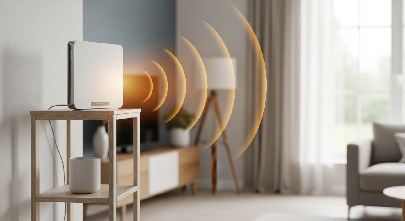 Sebuah router Wi-Fi modern berwarna putih diletakkan di atas rak kayu tinggi di sudut ruang keluarga yang cerah. Sinyal Wi-Fi digambarkan sebagai gelombang cahaya lembut yang menyebar keluar dari router. Gaya fotorealistik, fokus tajam pada router.