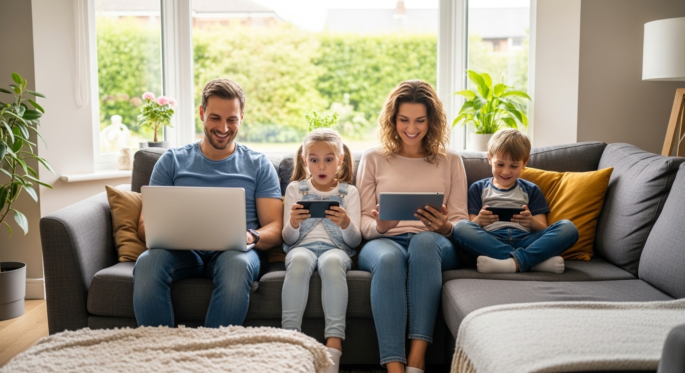 Sebuah keluarga muda (ayah, ibu, dua anak) sedang duduk di sofa ruang tamu yang nyaman, masing-masing asyik dengan gadget mereka (ayah laptop, ibu tablet, anak-anak smartphone), semuanya tersenyum santai dan terhubung dengan internet yang lancar. Ruangan terang benderang dengan jendela besar, suasana gembira, fotorealistik.