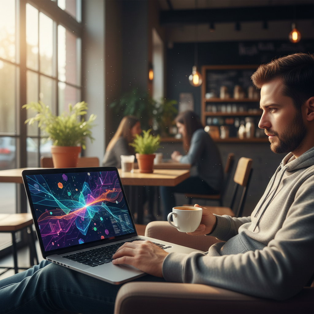 Seorang programmer muda sedang duduk santai di depan laptop, layarnya menampilkan visualisasi data yang berwarna-warni dan artistik, mencerminkan perpaduan kode dan seni. Suasana kafe yang nyaman dengan cahaya alami.