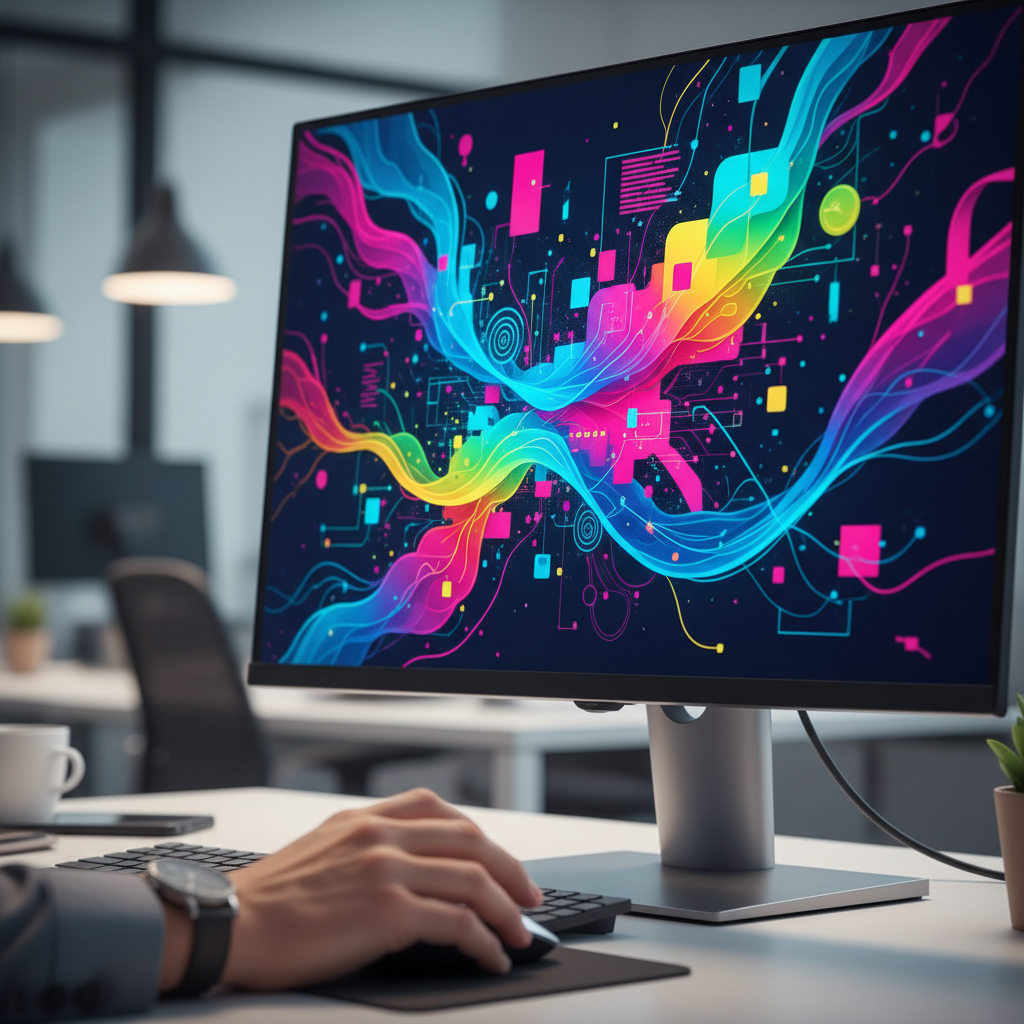 Tampilan layar monitor yang menampilkan grafik dan visualisasi data yang abstrak dan berwarna-warni, terlihat seperti karya seni modern. Tangan seseorang memegang mouse, menunjukkan interaksi dengan data.