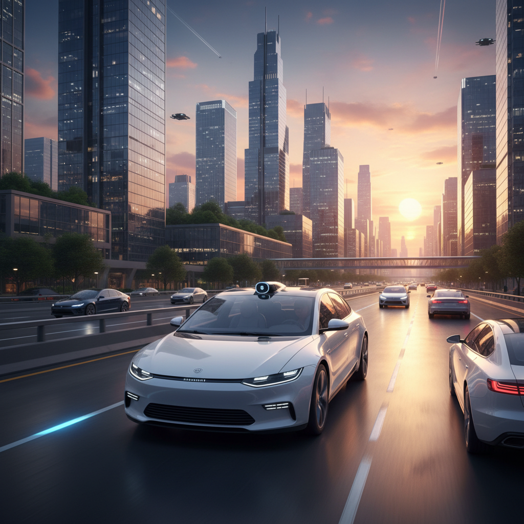 A sleek, futuristic white autonomous car driving smoothly on a multi-lane highway in a modern city during sunset. The car has no visible driver and advanced sensors are subtly integrated into its design. The city skyline is visible in the background with tall skyscrapers.
