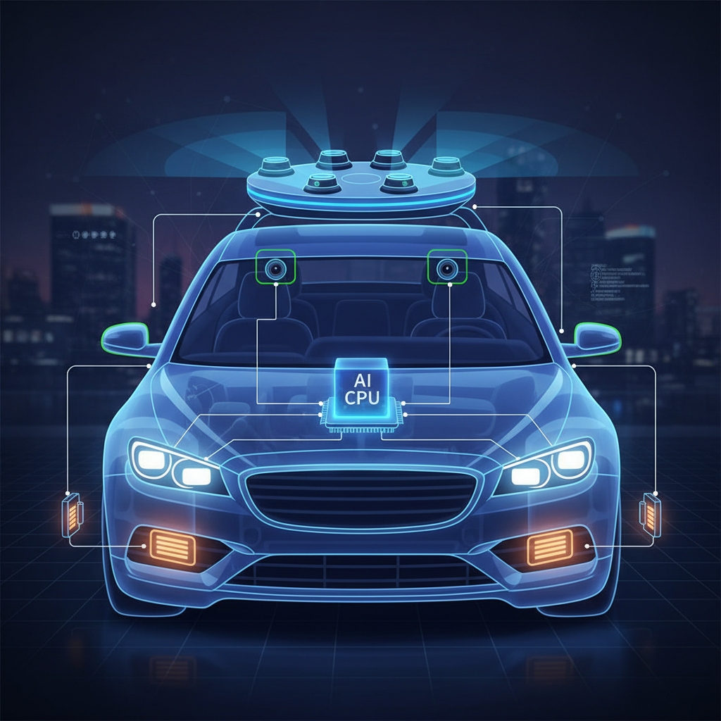 An infographic-style image showing the various sensors on a semi-transparent car. Highlighted components include lidar sensors on the roof, radar sensors on the front and back bumpers, cameras on the windshield and side mirrors, and a central processing unit (CPU) inside the car representing the AI. Data flows are shown with subtle lines.
