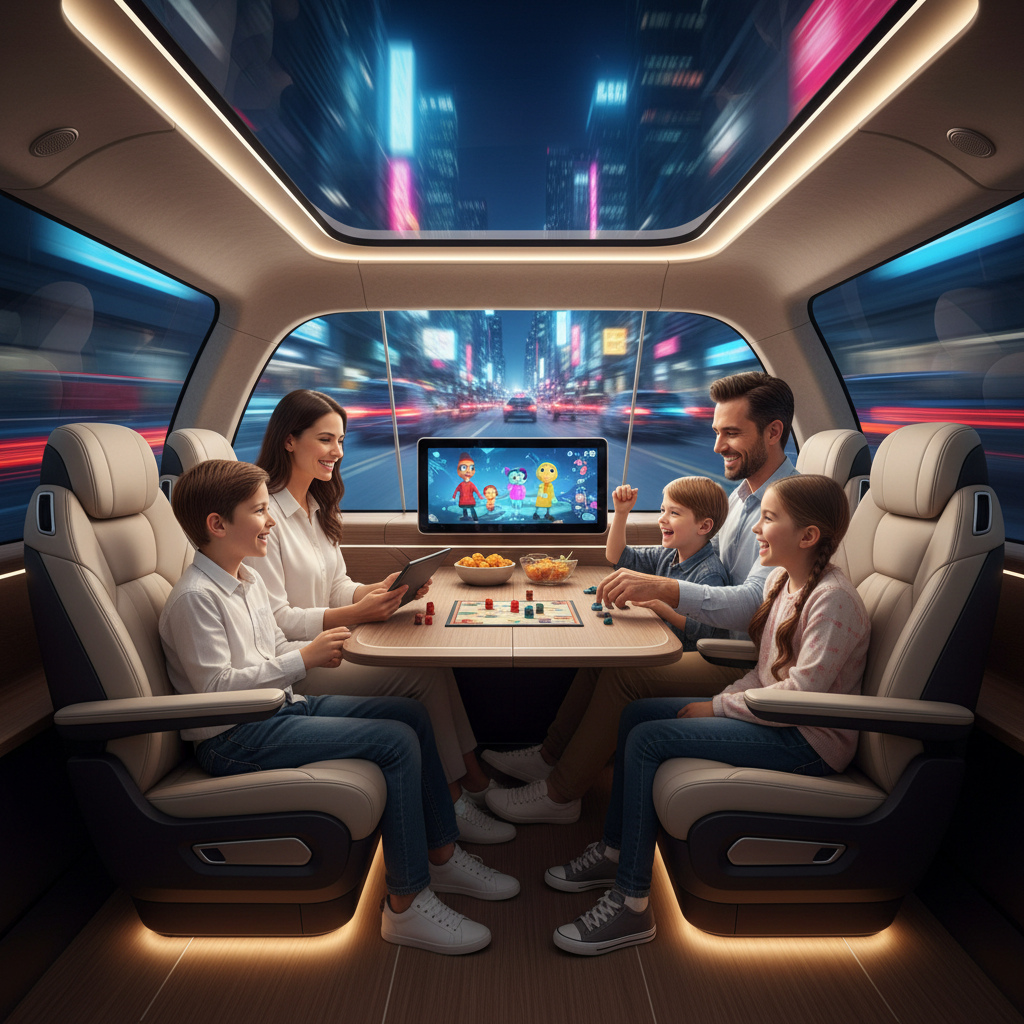 A family (two adults, two children) happily relaxing inside the spacious interior of a futuristic autonomous car. The car's interior is luxurious, with seats facing each other and a large digital screen displaying entertainment. Outside the window, a blur of city lights suggests movement, but the occupants are calm and engaged in leisure activities.