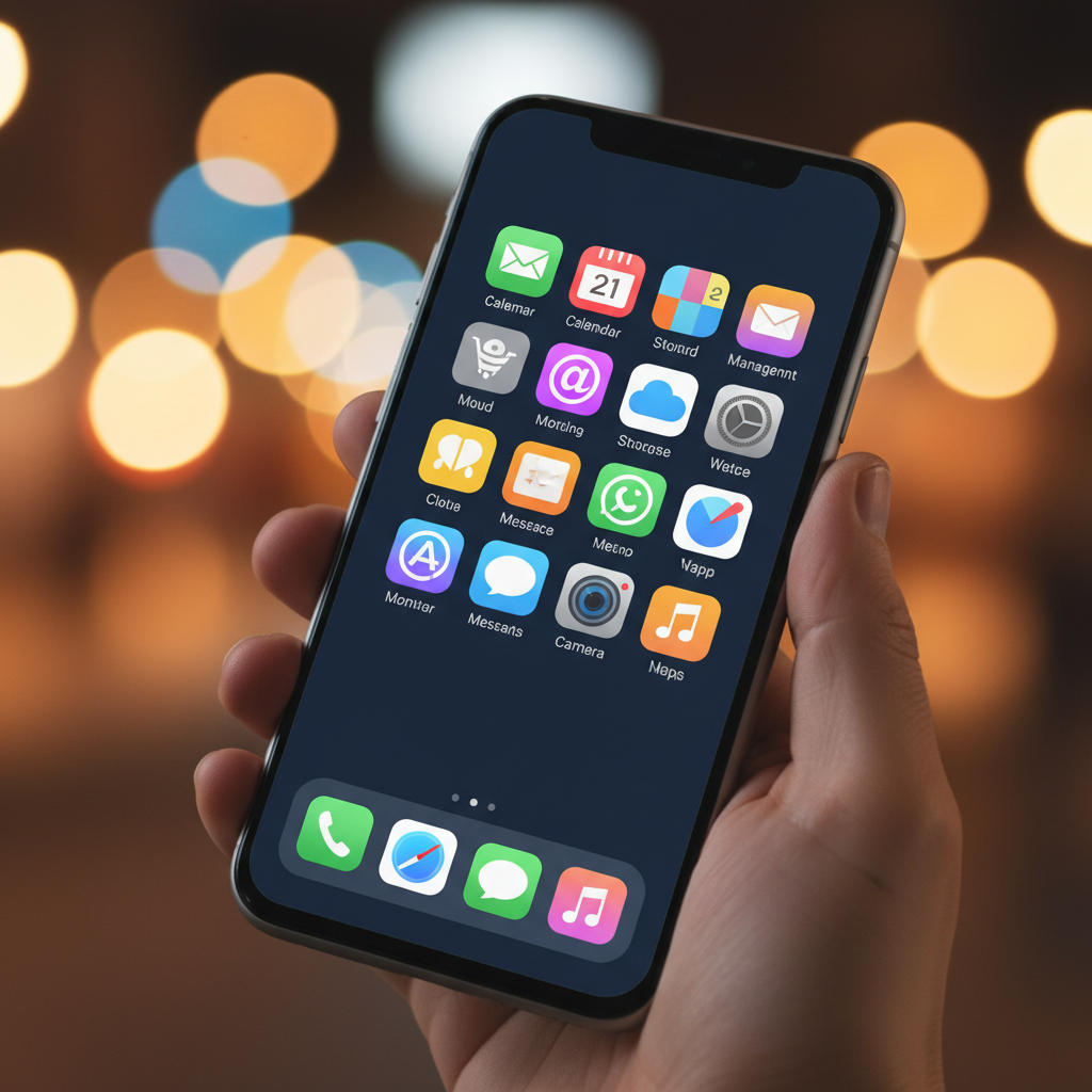 Sebuah smartphone modern menampilkan berbagai ikon aplikasi yang tersusun rapi di layar utama, dengan latar belakang cahaya bokeh yang cerah, menggambarkan kemudahan akses dan produktivitas. Fotorealistik.