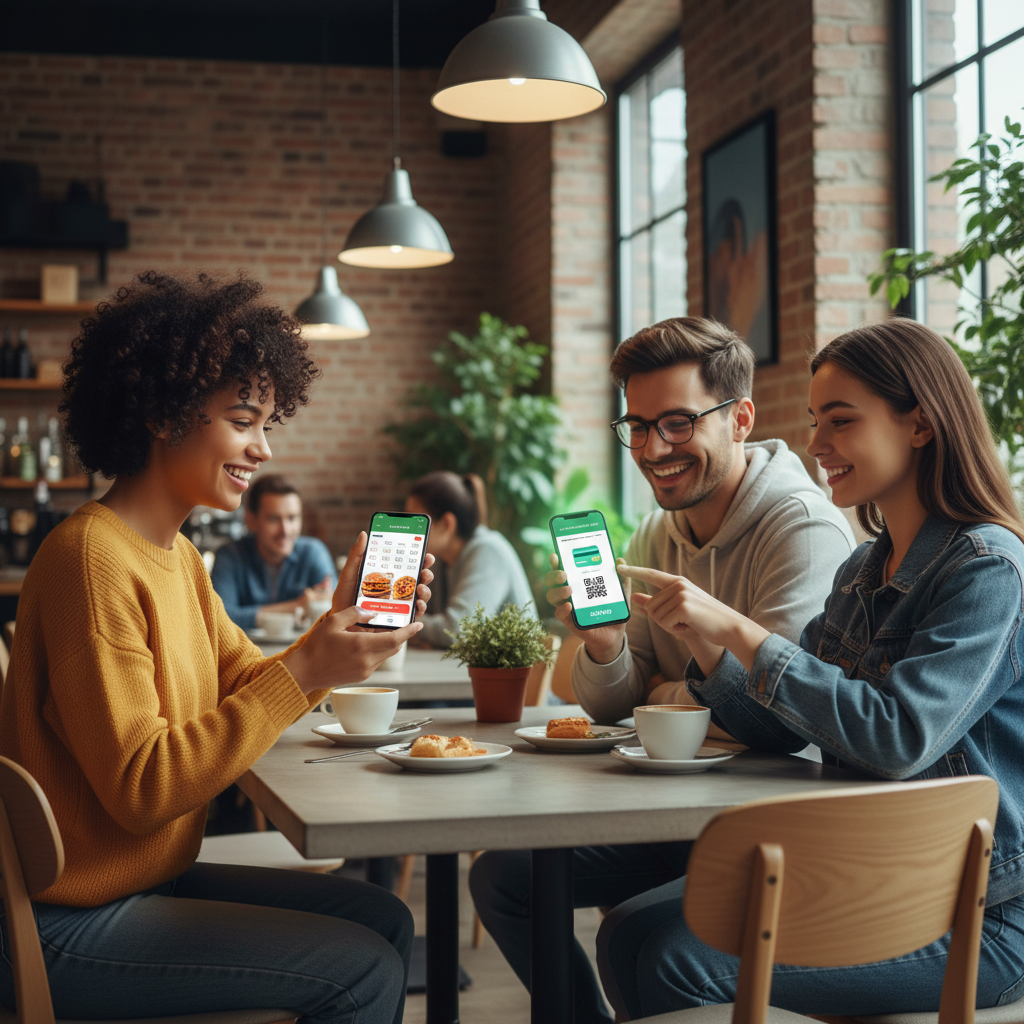 Tiga orang muda dengan senyum ceria sedang menggunakan smartphone mereka dalam berbagai aktivitas: satu sedang memesan makanan, satu lagi melihat jadwal olahraga, dan satu lagi melakukan pembayaran digital. Suasana kafe modern yang terang. Fotorealistik.