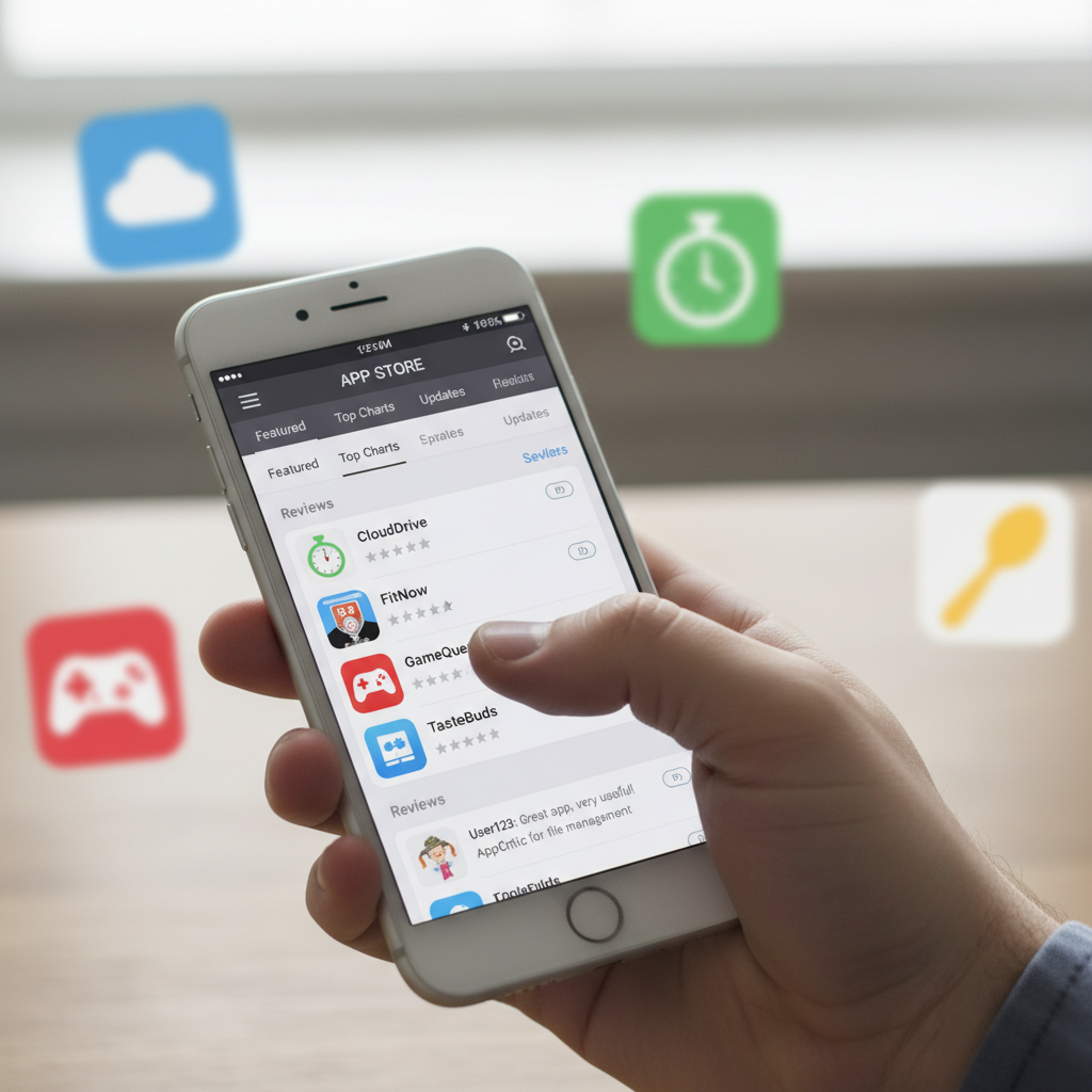 Tangan seseorang memegang smartphone dengan tampilan toko aplikasi (app store) di layar, sedang menggulir daftar aplikasi dan membaca ulasan. Ada beberapa ikon aplikasi di latar belakang yang buram. Fokus pada detail tangan dan layar. Fotorealistik.
