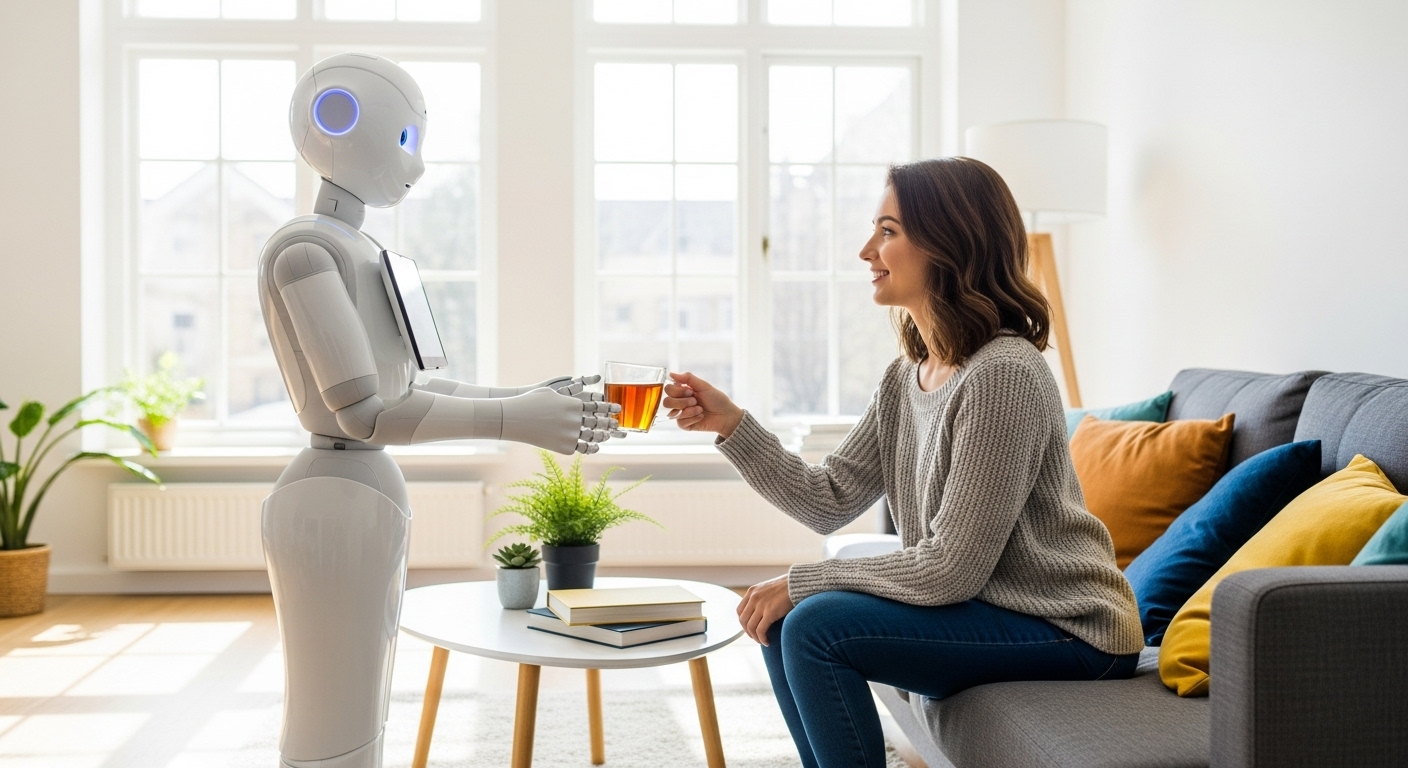 A friendly-looking humanoid robot interacting with a person in a casual home setting, with a bright and modern aesthetic.