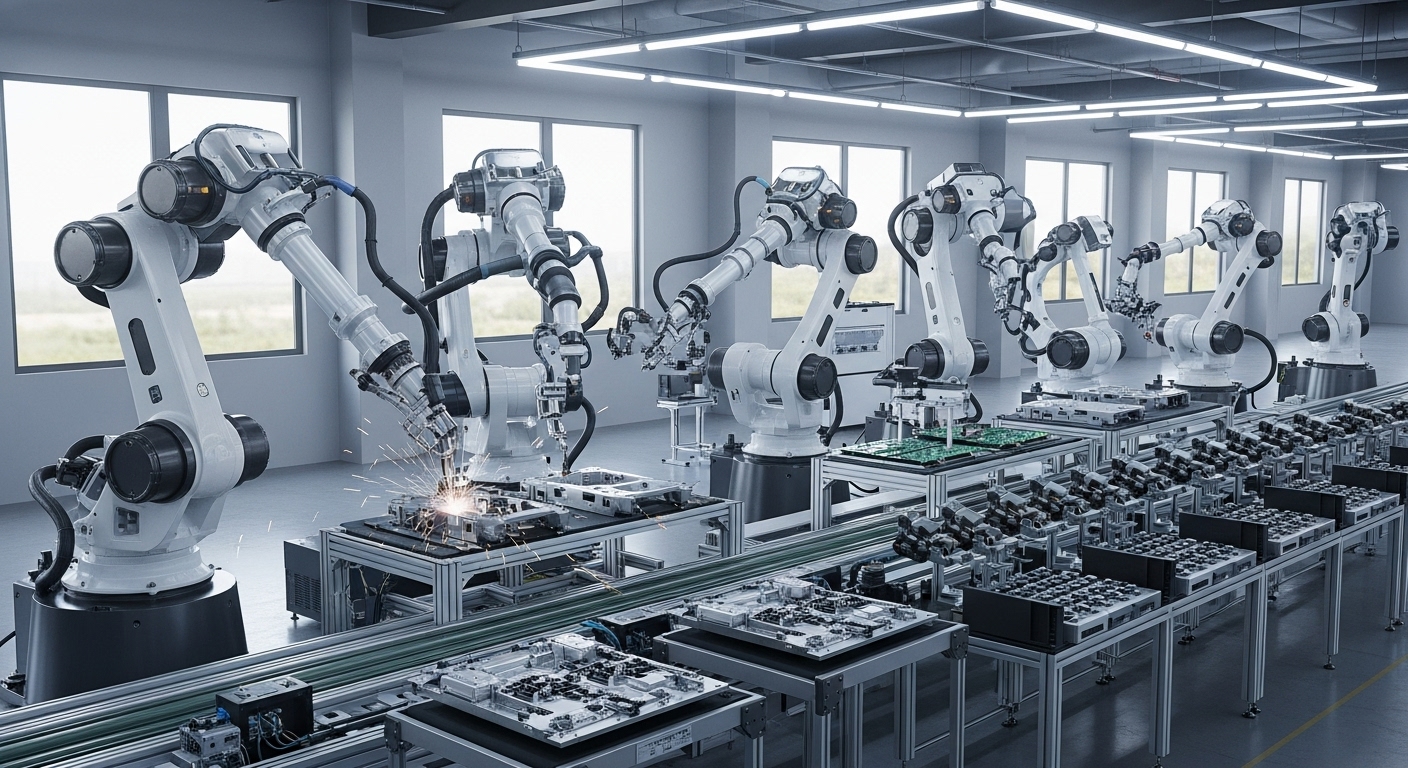 A group of industrial robots working collaboratively on an assembly line in a clean, modern factory environment, highlighting precision and efficiency.