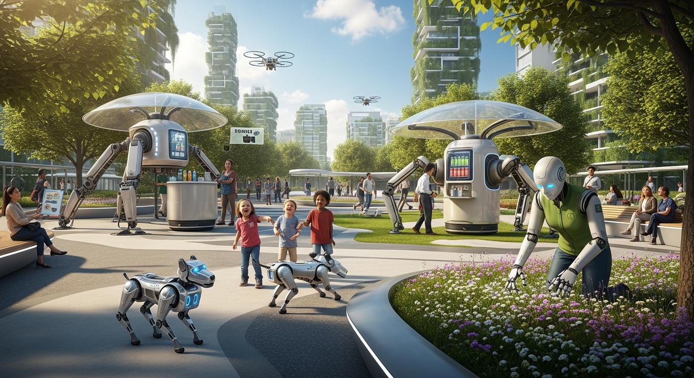 A futuristic scene showing various types of smart robots assisting humans in a city park setting, perhaps a robot dog playing with children, or a robot gardener, with a peaceful and utopian vibe.