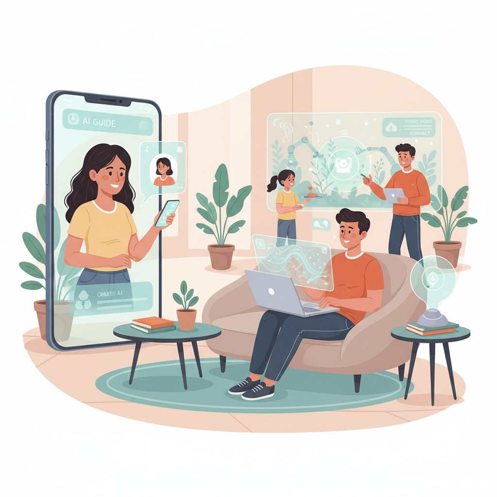Sebuah ilustrasi santai dari orang-orang yang berinteraksi dengan teknologi AI dalam kehidupan sehari-hari, seperti menggunakan smartphone, laptop, dan smart home devices, dengan aura futuristik namun ramah dan mudah diakses.