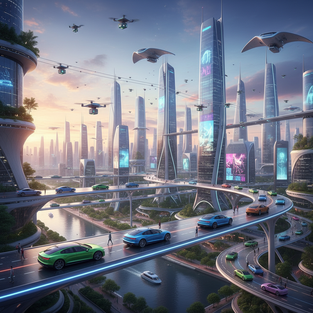 Pemandangan kota futuristik yang dipenuhi mobil otonom, drone pengantar barang, dan bangunan dengan integrasi AI, dengan warna-warna cerah dan pencahayaan lembut yang memberikan kesan optimis.