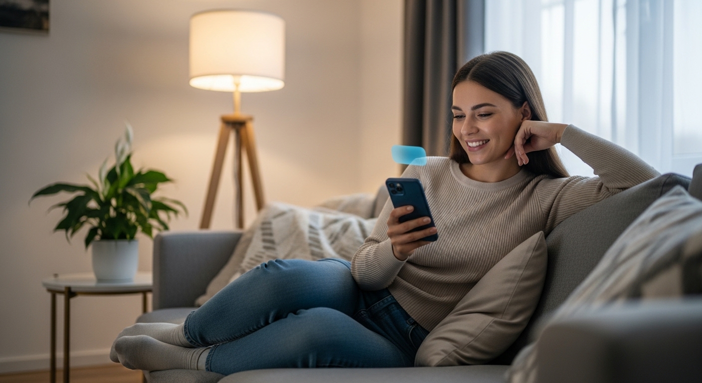 Seorang wanita muda sedang berinteraksi dengan asisten suara di ponselnya, tersenyum dan santai di sofa ruang tamu yang nyaman, dengan tampilan modern dan pencahayaan lembut yang fotorealistik.