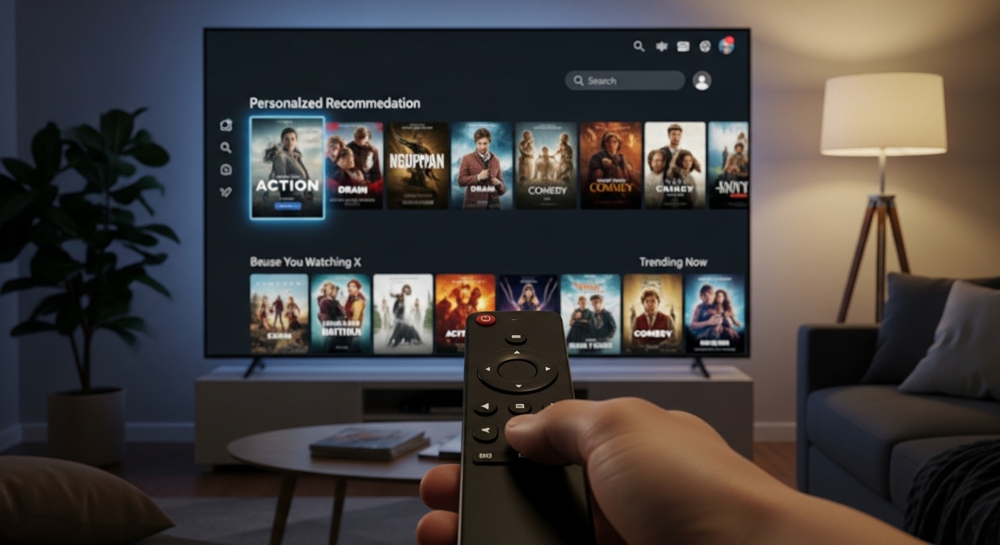 Tampilan antarmuka streaming film yang menampilkan berbagai rekomendasi film yang dipersonalisasi untuk pengguna, dengan latar belakang suasana santai di malam hari dan tangan memegang remote control, tampilan fotorealistik.