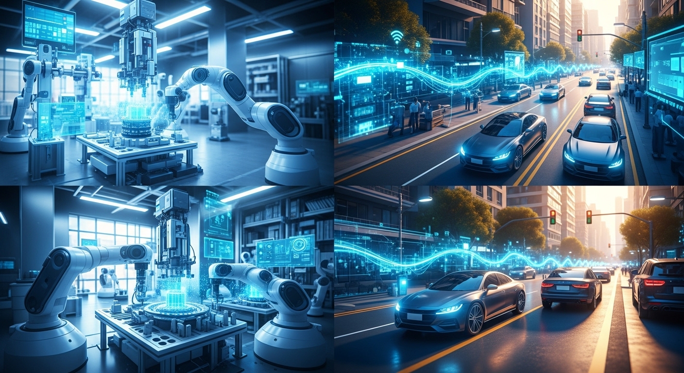 Ilustrasi futuristik yang menunjukkan berbagai teknologi AI yang saling terhubung: robot kolaboratif di pabrik, mobil otonom di jalanan kota yang cerah, dan data yang mengalir dalam bentuk visualisasi digital, dengan nuansa teknologi canggih dan optimisme, fotorealistik.