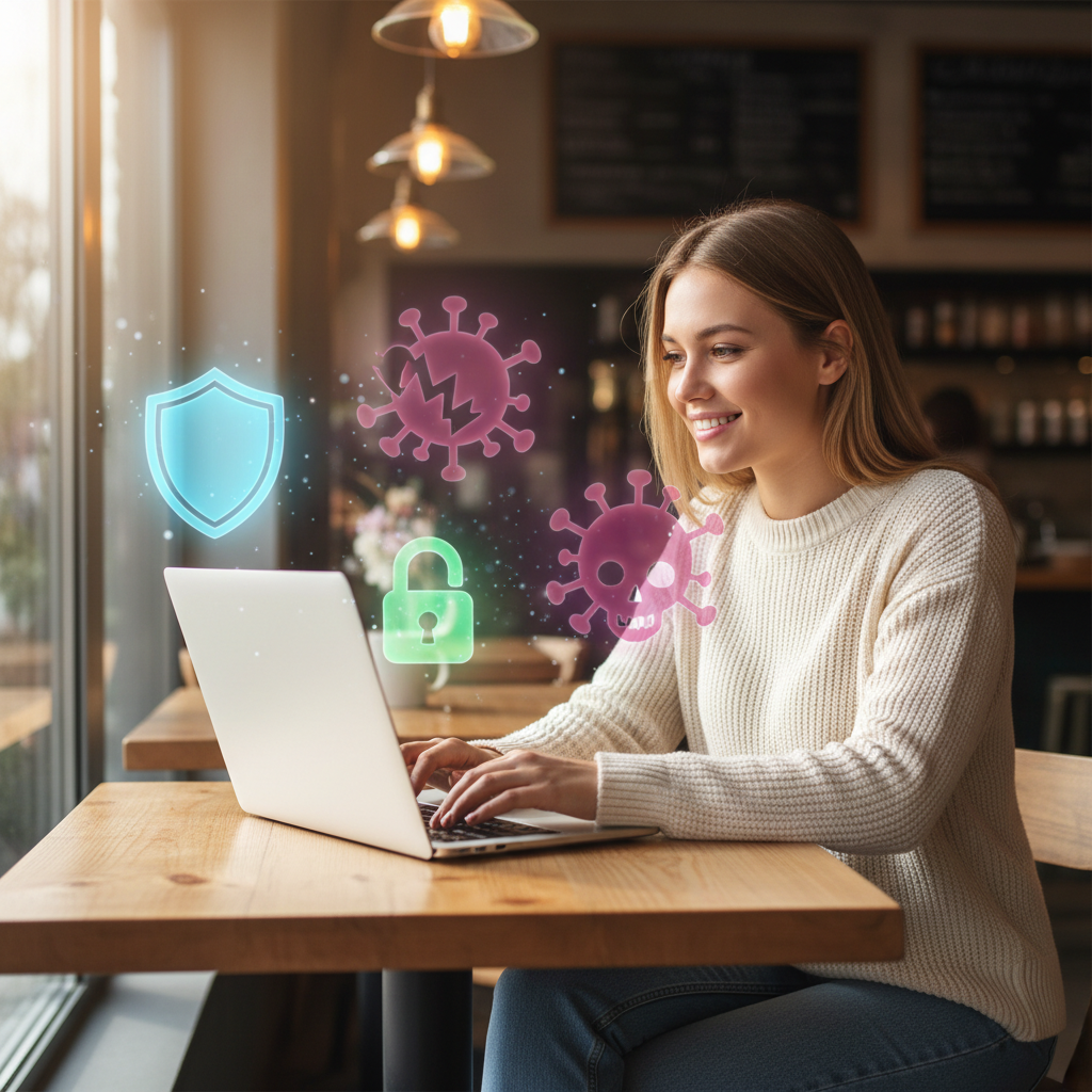 Gambar seorang wanita muda yang sedang tersenyum dan nyaman menggunakan laptopnya di kafe, namun di sekitarnya terdapat berbagai ikon digital seperti perisai, gembok, dan virus komputer yang samar-samar, menunjukkan dilema antara kenyamanan digital dan ancaman siber. Gaya fotorealistik, pencahayaan alami.