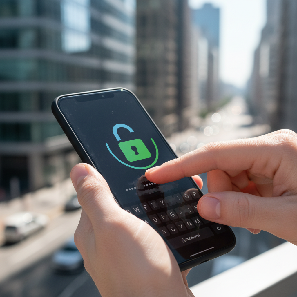 Close-up tangan seseorang sedang mengetik password baru yang kompleks di layar smartphone, dengan ikon gembok terbuka yang kemudian tertutup, melambangkan peningkatan keamanan. Latar belakang blur perkotaan yang modern. Gaya fotorealistik, pencahayaan cerah.