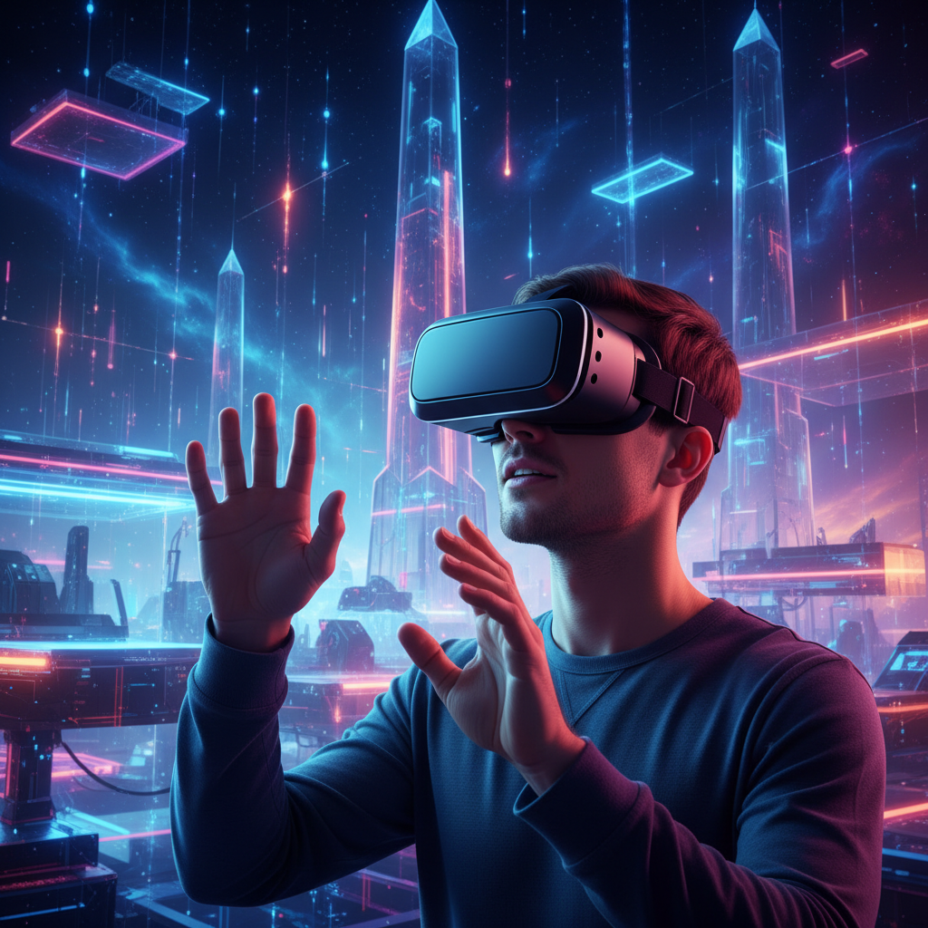Seorang pemuda dengan ekspresi kagum sedang mengenakan headset VR modern yang ramping, tangannya sedikit terangkat seolah menyentuh sesuatu di dunia virtual. Latar belakang menunjukkan lanskap virtual yang berwarna-warni dan futuristik.
