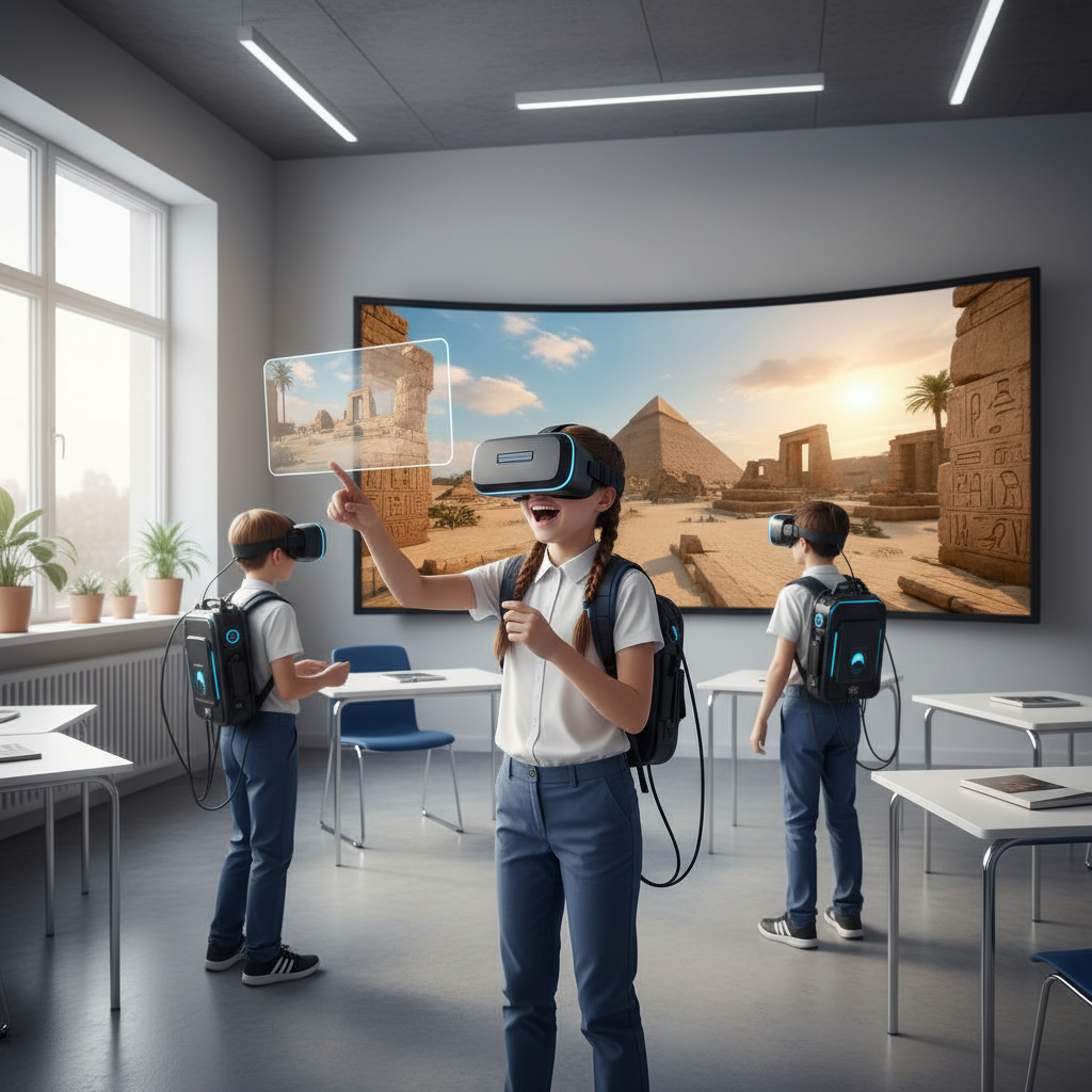Sekelompok siswa SMP yang antusias sedang menggunakan headset VR di ruang kelas modern, menjelajahi lingkungan sejarah virtual. Salah satu siswa menunjuk ke layar virtual dengan ekspresi gembira. Latar belakang menunjukkan piramida Mesir atau reruntuhan kuno.