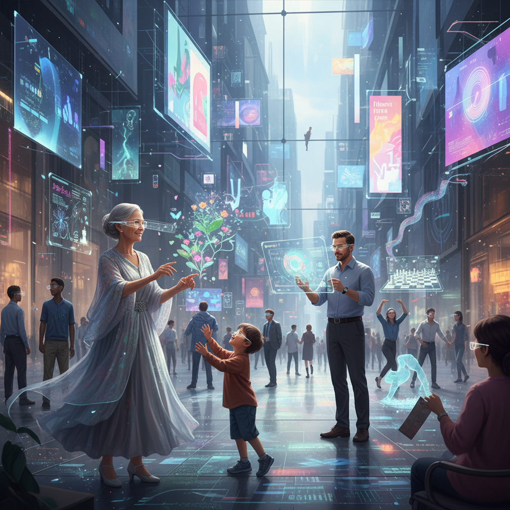 Ilustrasi futuristik yang menunjukkan orang-orang dari berbagai usia berinteraksi dengan dunia virtual tanpa headset besar, mungkin menggunakan kacamata tipis atau lensa kontak. Lingkungan sekitar mereka memadukan elemen fisik dan augmented reality.