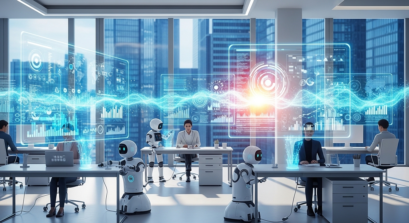 Sebuah kantor futuristik yang modern dan terang, dengan beberapa robot kecil yang membantu pekerjaan manusia di meja. Layar transparan menampilkan data-data kompleks dan grafik, menunjukkan interaksi manusia-AI yang harmonis dan efisien. Gaya fotorealistik, warna-warna cerah.