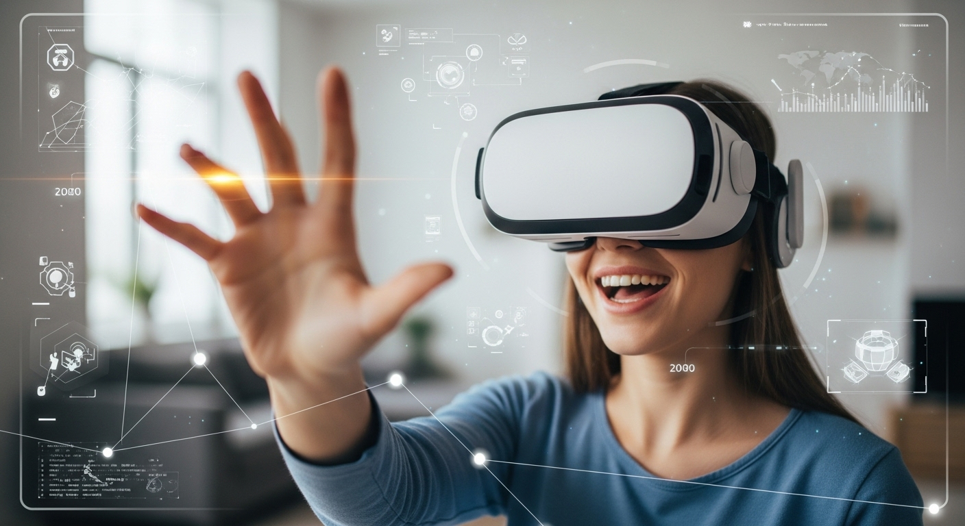 Seorang wanita muda tersenyum sedang mengenakan headset VR futuristik berwarna putih, tangannya menggapai ke depan seolah berinteraksi dengan objek virtual. Di belakangnya, terlihat samar-samar lingkungan nyata yang berpadu dengan elemen antarmuka pengguna digital yang mengambang. Gaya fotorealistik, fokus pada ekspresi bahagia.