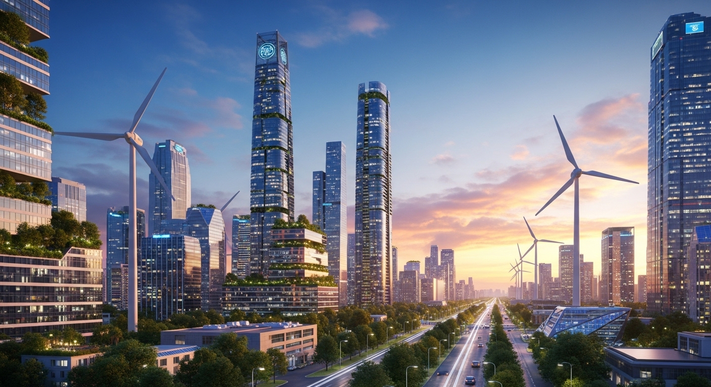 Pemandangan kota futuristik yang hijau dan berkelanjutan, dengan gedung-gedung pencakar langit yang memiliki taman vertikal dan panel surya terintegrasi. Ada turbin angin raksasa di kejauhan, dan kendaraan listrik melaju di jalanan yang bersih. Warna-warna cerah, suasana optimis. Gaya fotorealistik.