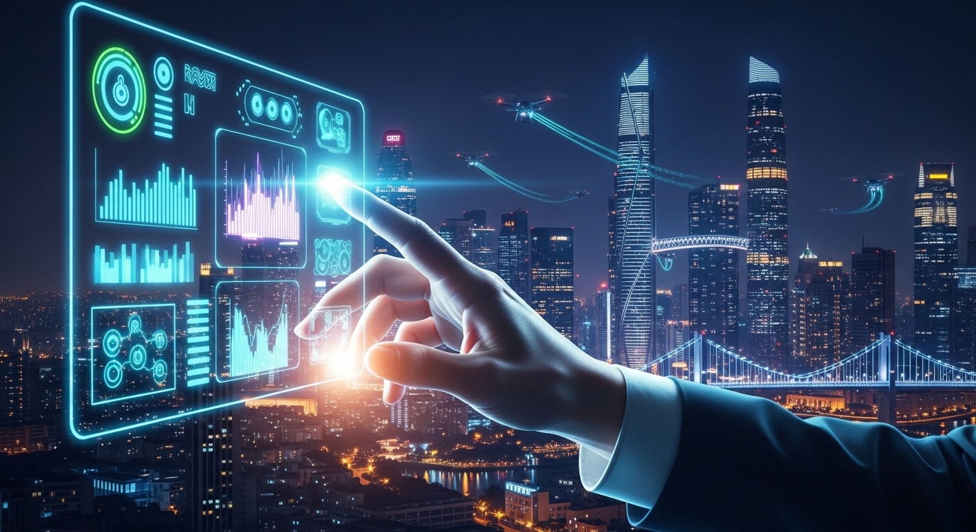 Sebuah ilustrasi digital futuristik yang menunjukkan tangan manusia berinteraksi dengan antarmuka hologram transparan yang memproyeksikan berbagai ikon dan data, dengan latar belakang kota cerdas yang terang benderang di malam hari. Ada sentuhan cahaya neon yang lembut dan suasana teknologi canggih.