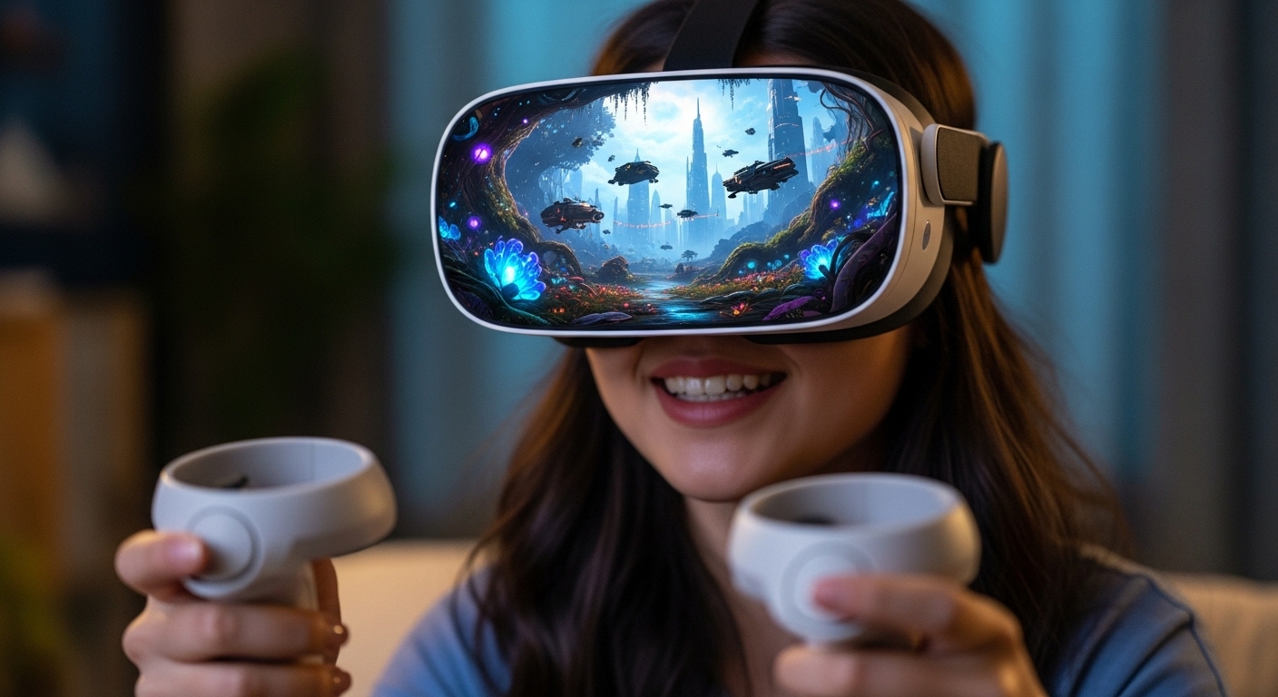 Seorang wanita muda yang tersenyum memakai headset VR modern, tangannya memegang kontroler nirkabel, dan di depan matanya terpantul pemandangan dunia virtual yang berwarna-warni dan imersif, seperti hutan fantasi atau kota futuristik, menunjukkan ekspresi kegembiraan dan keterlibatan.